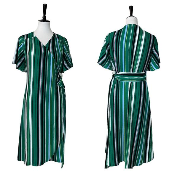 Halogen Women's Wrap Tie Waist Midi Dress Green Black Multi Stripes Size SP - Picture 14 of 14